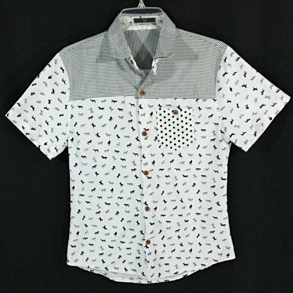 Mymstorm Horse Equine Striped Button Down Short Sleeve Mens Camp Shirt S M Gray - Picture 1 of 6